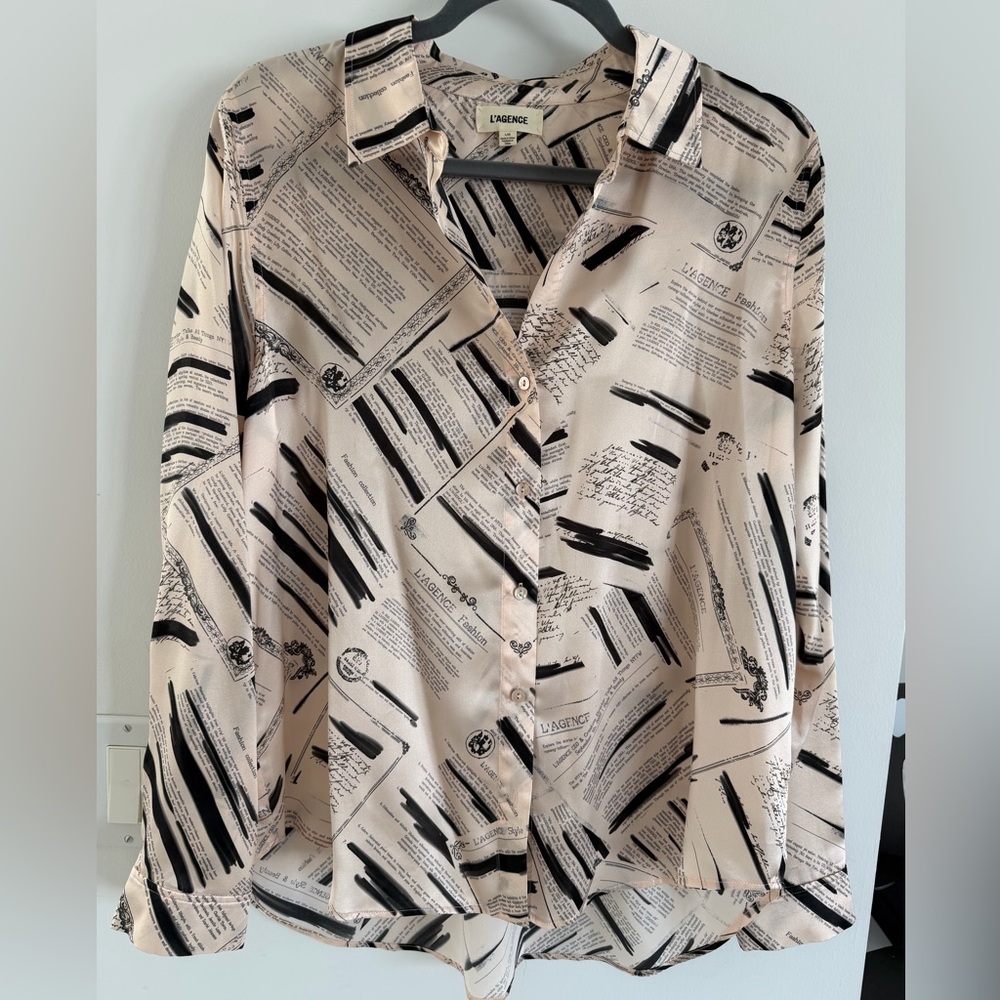 L'AGENCE Cream and Black Printed Silk Button-Up Blouse